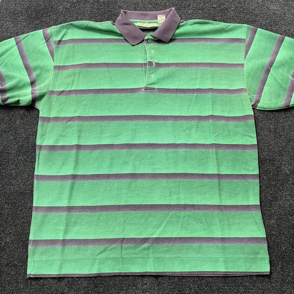 Bugle Boy Company Polo Shirt Mens 2XL Green Purple Stripe Short Sleeve‎ Knit
